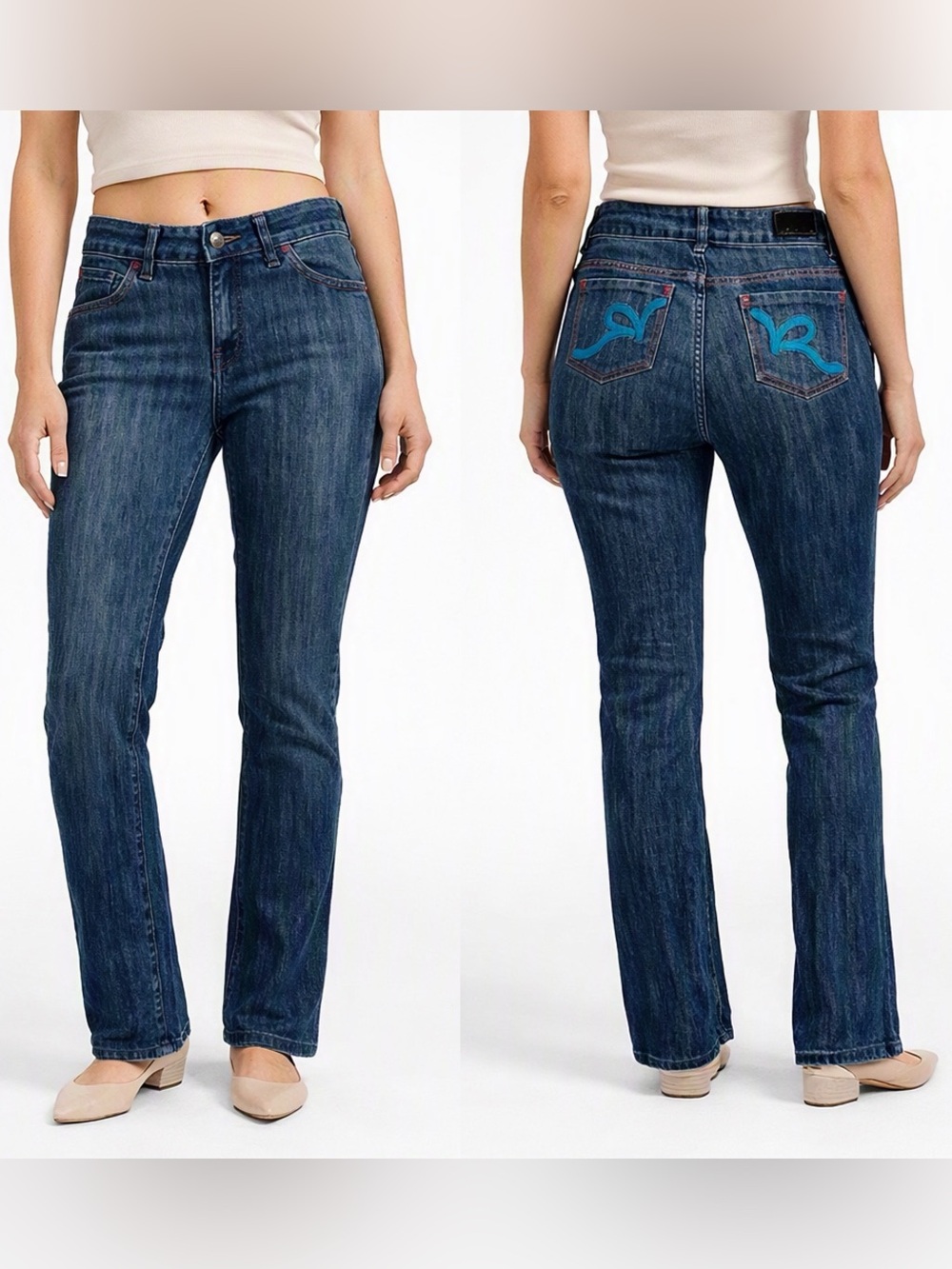 Simone Straight Leg Jeans Size 9 Blue Denim Embroidered Pockets